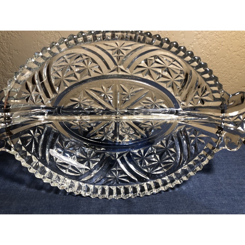 Vintage Clear Pressed Glass Divided Relish Dish Starburst Serving Tray 10 Inch